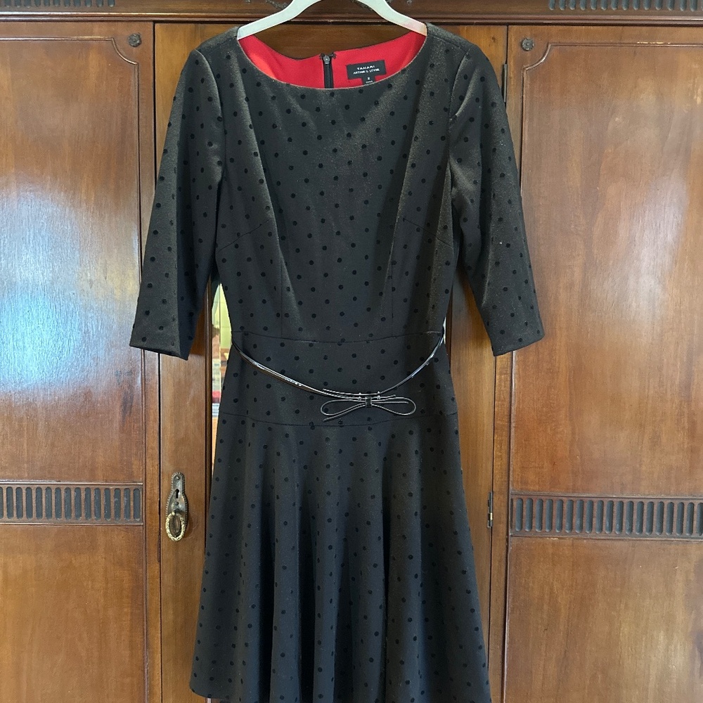 Classic black dress with bow belt and black dots